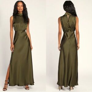 Lulus Classic Elegance Olive Satin Sleeveless Mock Neck Maxi Dress